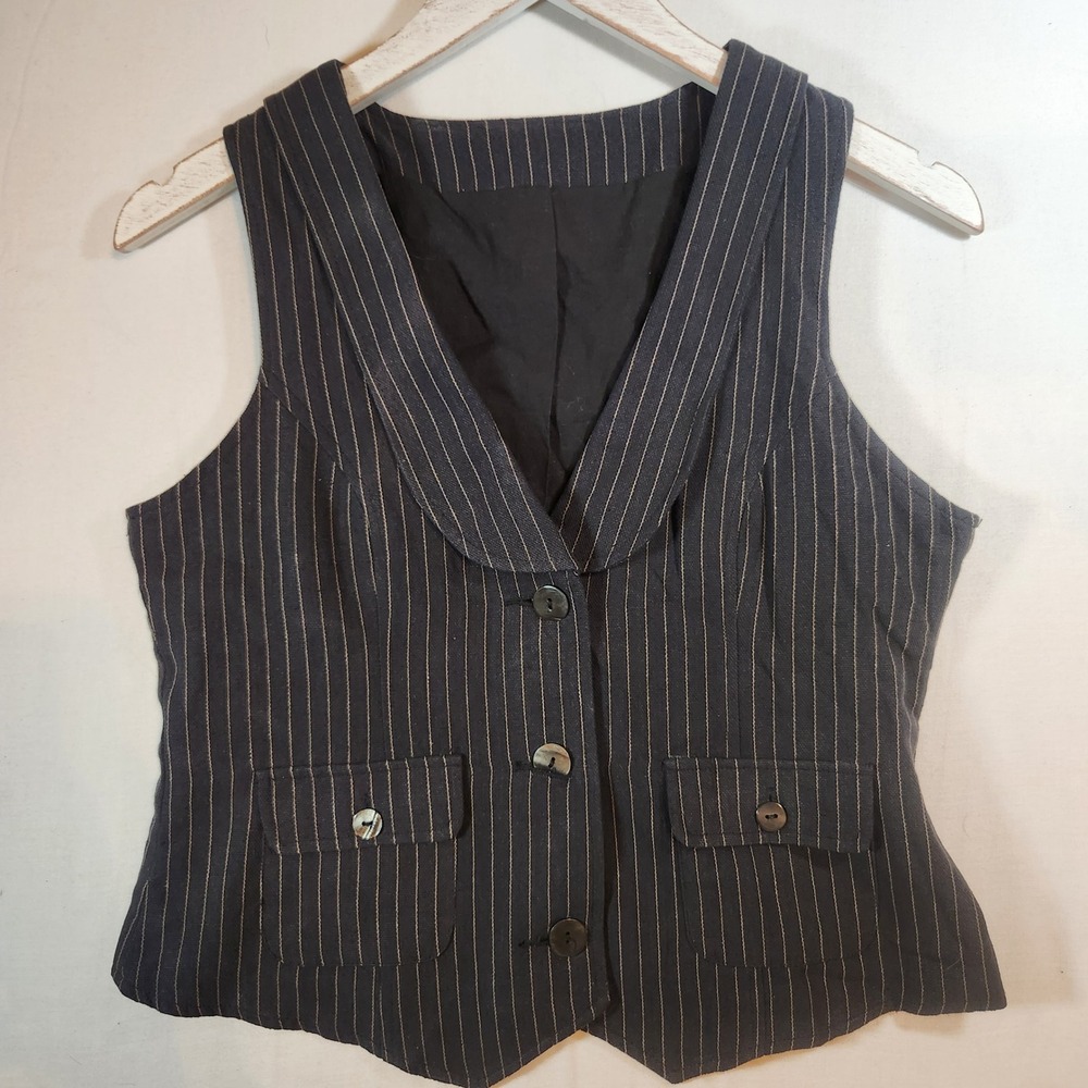 The Earth Collection Silk Cotton Pinstripe Vest Shawl Collar Charcoal Gray S